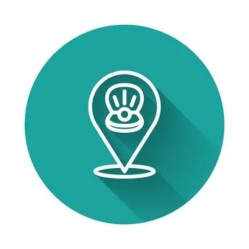 White line Scallop sea shell icon isolated with long shadow background. Sea.. Stock Illustration