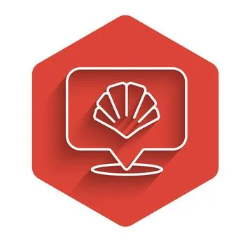 White line Scallop sea shell icon isolated with long shadow. Seashell sign. R Stock Illustration
