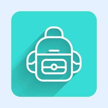 White line School backpack icon isolated with long shadow. Green square button Stockillustratie