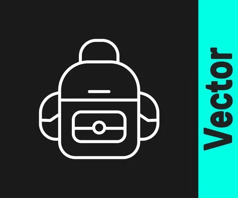 White line School backpack icon isolated on black background. Vector Illustrazione stock