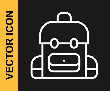 White line School backpack icon isolated on black background.  Vector Illustrazione stock