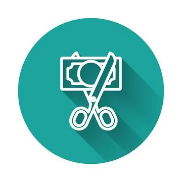 White line Scissors cutting money icon isolated with long shadow background.. Stock Illustration
