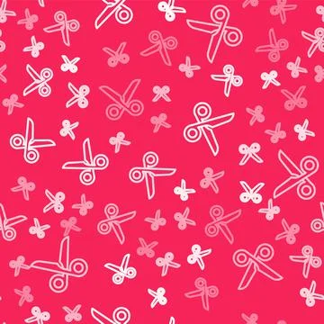White line Scissors icon isolated seamless pattern on red background. Cutting Stock Illustration