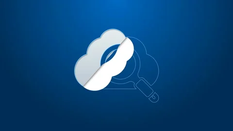 White line Search cloud computing icon isolated on blue background. Magnifying Stock Footage 144352390