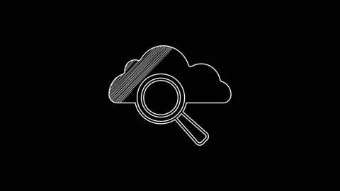 White line Search cloud computing icon isolated on black background. Magnifying Stock Footage 203698411