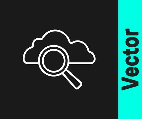 White line Search cloud computing icon isolated on black background. Magnifying Illustrazione stock