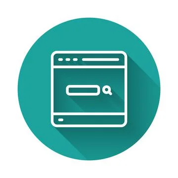White line Search engine icon isolated with long shadow background. Green circle Illustrazione stock