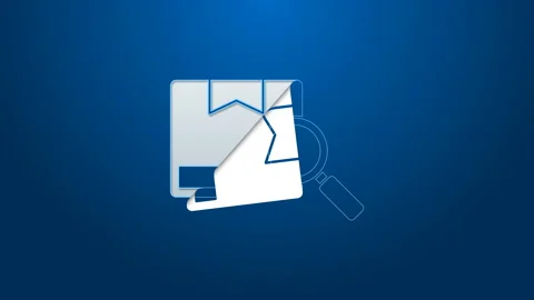 White line Search package icon isolated on blue background. Parcel tracking Stock Footage 144077592