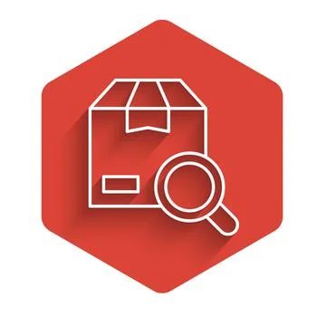 White line Search package icon isolated with long shadow background. Parcel Stock Illustration
