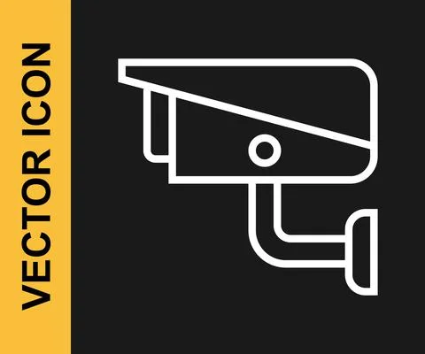 White line Security camera icon isolated on black background. Vector Illustrazione stock