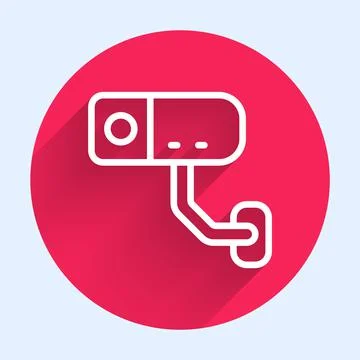 White line Security camera icon isolated with long shadow. Red circle button Stock Illustration