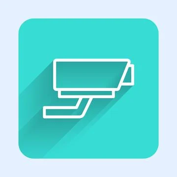 White line Security camera icon isolated with long shadow. Green square button Stock Illustration