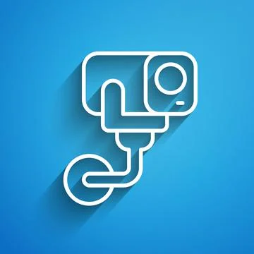 White line Security camera icon isolated on blue background. Long shadow. Vector Illustrazione stock