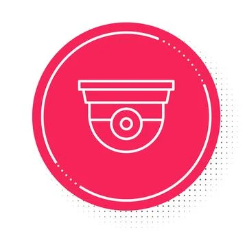 White line Security camera icon isolated on white background. Red circle button Illustrazione stock