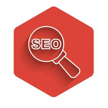 White line SEO optimization icon isolated with long shadow. Red hexagon button 스톡 일러스트