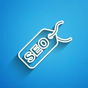 White line SEO optimization icon isolated on blue background. Long shadow 스톡 일러스트