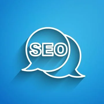White line SEO optimization icon isolated on blue background. Long shadow Stock Illustration