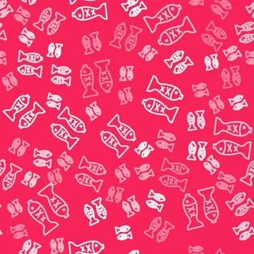 White line Served fish on a plate icon isolated seamless pattern on red イラスト素材