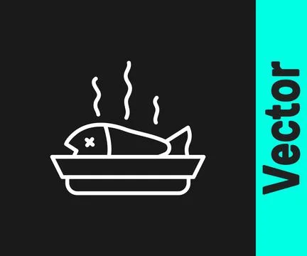 White line Served fish on a plate icon isolated on black background.  Vector Stock Illustration