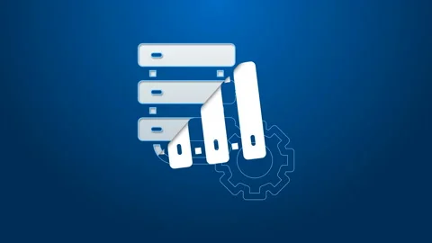 White line Server and gear icon isolated on blue background. Adjusting app Stock Footage 144352165