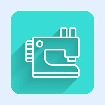 White line Sewing machine icon isolated with long shadow. Green square button Stock Illustration