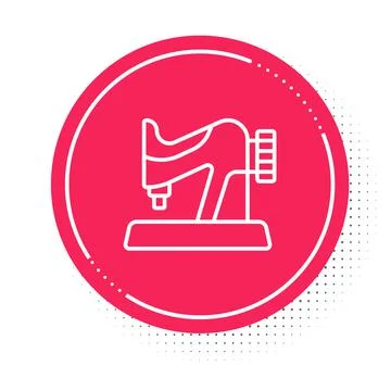 White line Sewing machine icon isolated on white background. Red circle button Stock Illustration