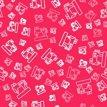 White line Sewing machine icon isolated seamless pattern on red background 스톡 일러스트