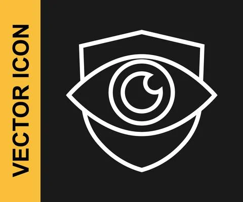 White line Shield and eye icon isolated on black background. Security, safety Stockillustratie