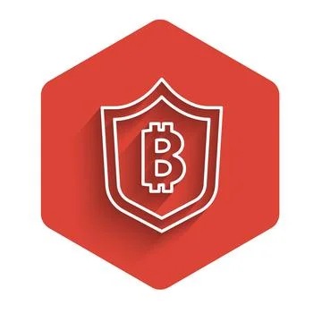 White line Shield with bitcoin icon isolated with long shadow. Cryptocurrency Stock Illustration