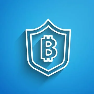 White line Shield with bitcoin icon isolated on blue background. Cryptocurren Illustrazione stock