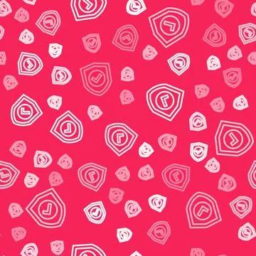 White line Shield with check mark icon isolated seamless pattern on red backg イラスト素材