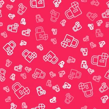 White line Shield security with lock icon isolated seamless pattern on red Stock Illustration