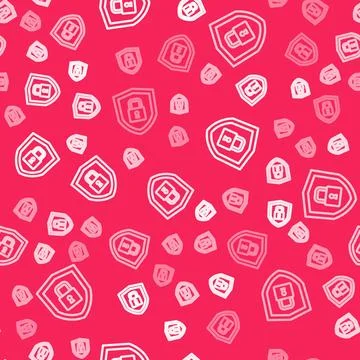 White line Shield security with lock icon isolated seamless pattern on red Stock Illustration