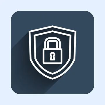 White line Shield security with lock icon isolated with long shadow background Illustrazione stock