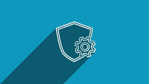 White line shield with settings gear icon with shadow isolated on blue Stock Footage 159834244
