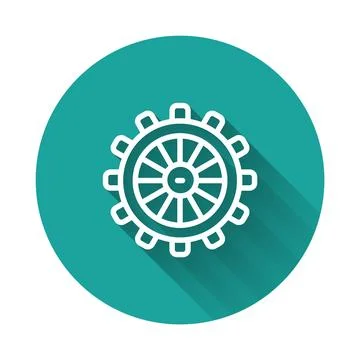 White line Ship steering wheel icon isolated with long shadow. Green circle.. Stock Illustration