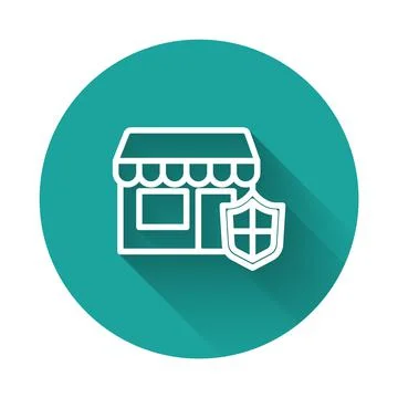 White line Shopping building with shield icon isolated with long shadow Ilustración de archivo
