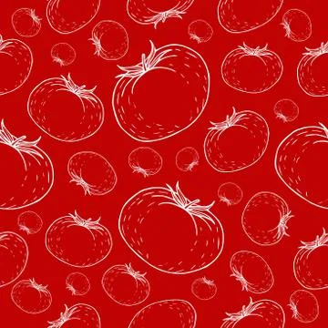 White line sketch tomato pattern on red background Stock Illustration