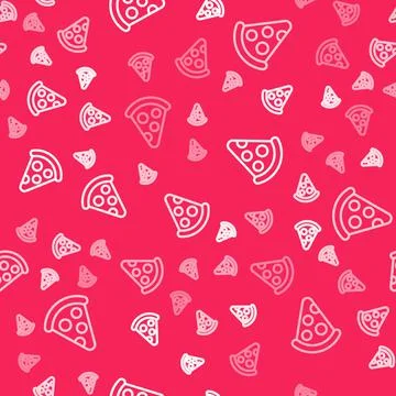 White line Slice of pizza icon isolated seamless pattern on red background. Fast Stock Illustration