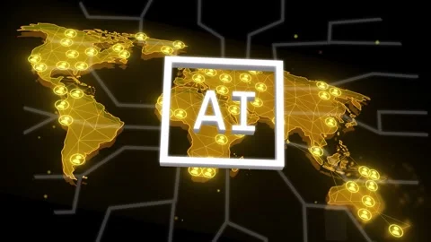 White line sliding forming frame, AI pulsing over gold map, circuits fanning Stock Footage 335652095