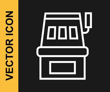 White line Slot machine icon isolated on black background.  Vector Stock Illustration