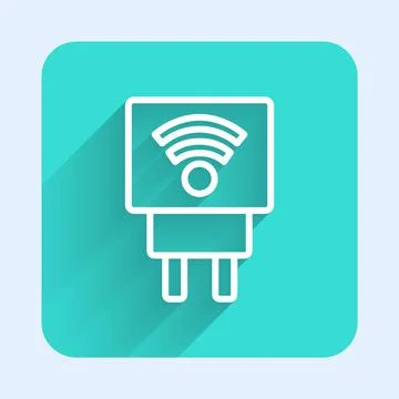 White line Smart electric plug system icon isolated with long shadow. Internet Illustrazione stock
