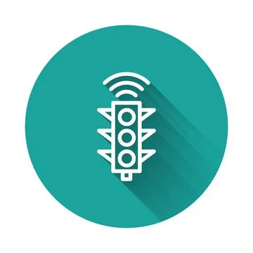 White line Smart traffic light system icon isolated with long shadow. Inter.. Stock Illustration