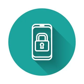 White line Smartphone with closed padlock icon isolated with long shadow. P.. Stock Illustration