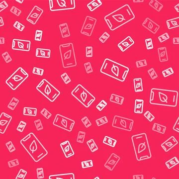 White line Smartphone, mobile phone with leaf icon isolated seamless pattern  Stockillustratie