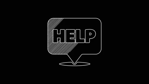 White line Speech bubble with text Help icon isolated on black background. 4K Stock Footage 203328067