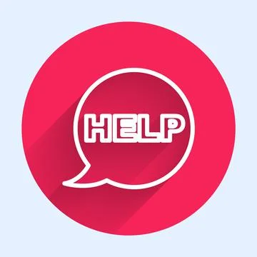 White line Speech bubble with text Help icon isolated with long shadow. Red Stock Illustration