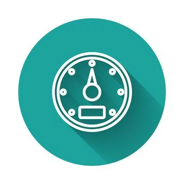White line Speedometer icon isolated with long shadow. Green circle button Stock Illustration