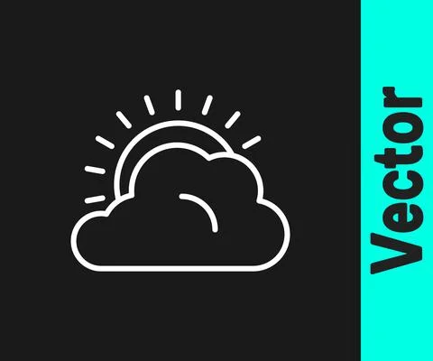 White line Sun and cloud weather icon isolated on black background. Vector Stock Illustration