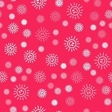 White line Sun icon isolated seamless pattern on red background.  Vector イラスト素材